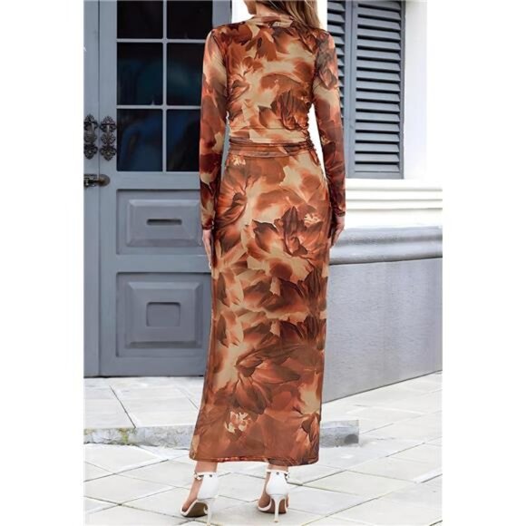 Women's Long Sleeve Maxi Dress Orange Brown - Picture 4 of 5